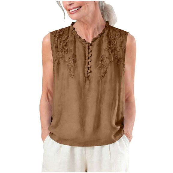 Embroidered Tops for Women Summer Casual Sleeveless V Neck Tank Top Lightweight Button up Loose Fit Blouse for Daily Wear