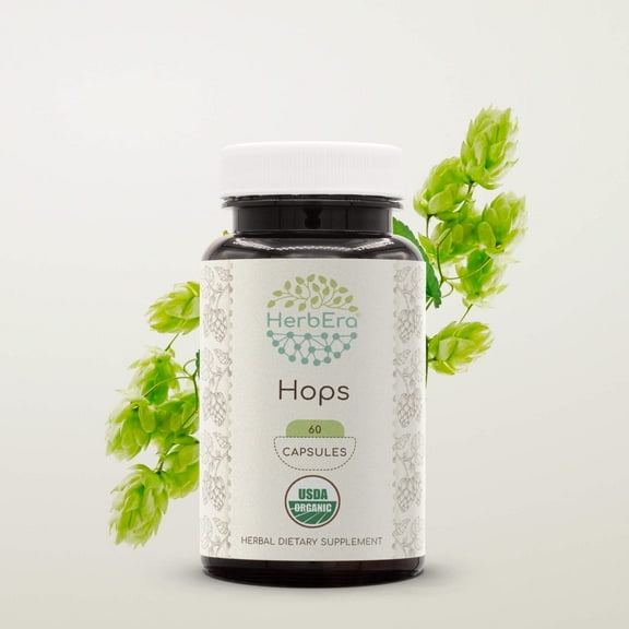 HerbEra Hops Capsules, Organic Herbal Dietary Supplement for Immune Support, Certified Organic Hops (Humulus Lupulus) Dried Flower Capsules, Natural, 60 Capsules