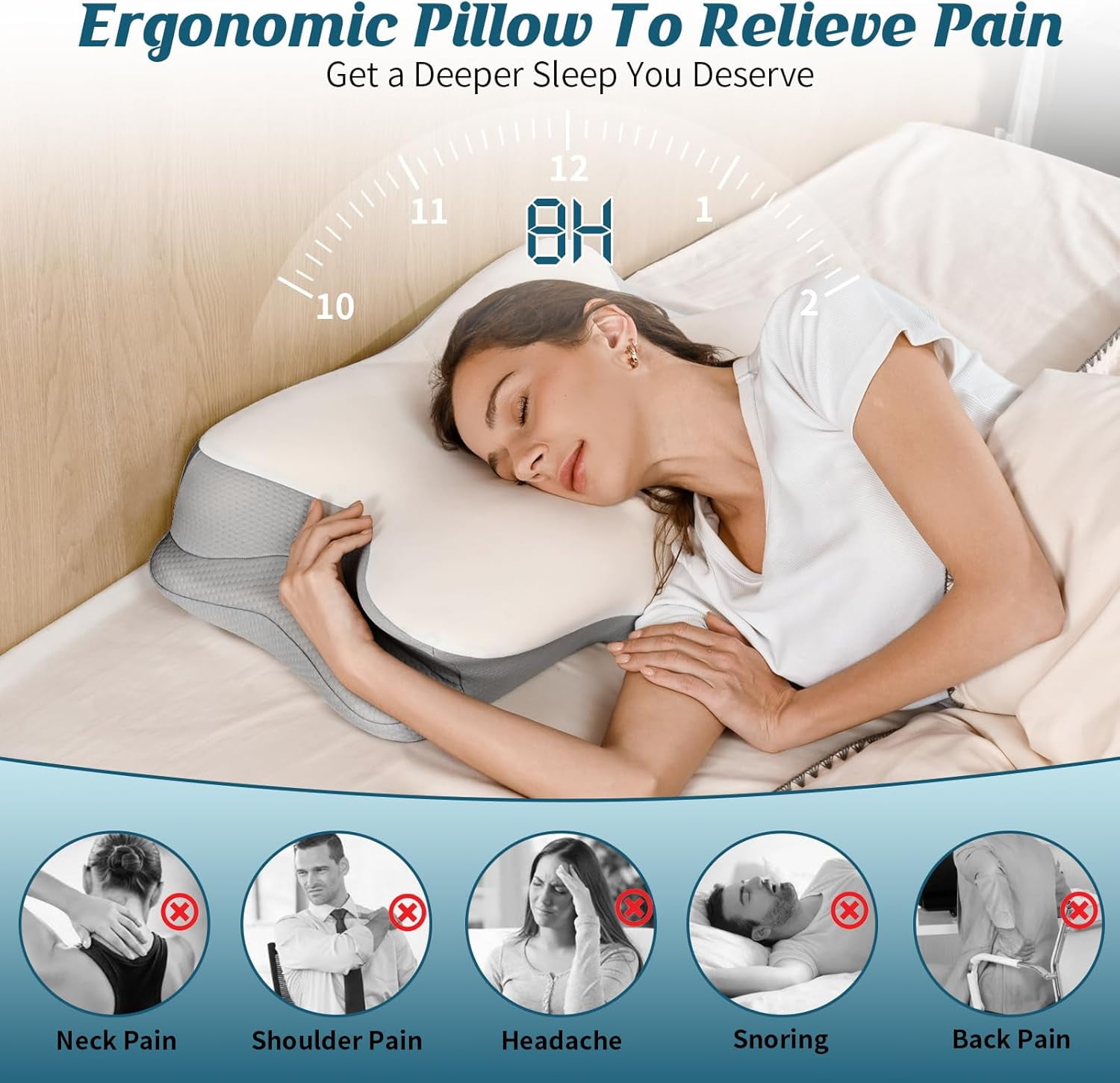 Cervical Neck Pillow for Pain Relief - Ergonomic Side Sleeper Pillow for Sleeping, Contour Orthopedic Pillow for Neck Support, Cooling Memory Foam Pillows for Back & Stomach Sleepers with Pillowcase