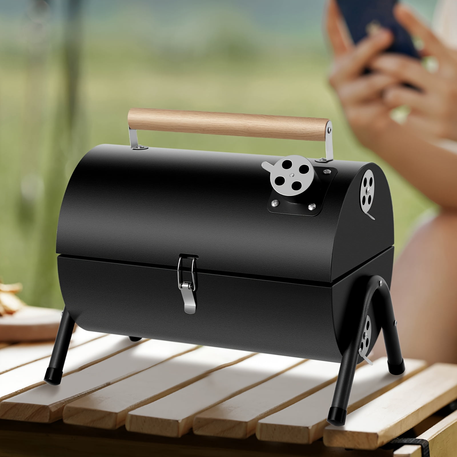 1pc, Compact Portable Barrel Charcoal Grill, Double-Side Griddle, Foldable Grill, Ideal for Outdoor Cooking & Camping, Barbecue Grill | Barrelshaped Grill | Black | Smoker