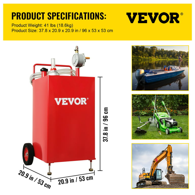 VEVOR 30 Gallon Gas Caddy , Fuel Storage Tank On 2 Wheels, Portable Gas Caddy with Manuel Transfer Pump, Gasoline Diesel Fuel Container for Cars, Lawn