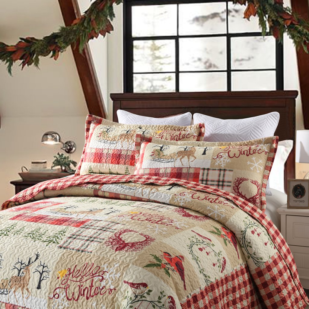 Couvre-lit De Noël Rouge à Motifs Flocons - Housse De Couette 270x300 Cm | Décoration Festive Hiver Oeko-Tex