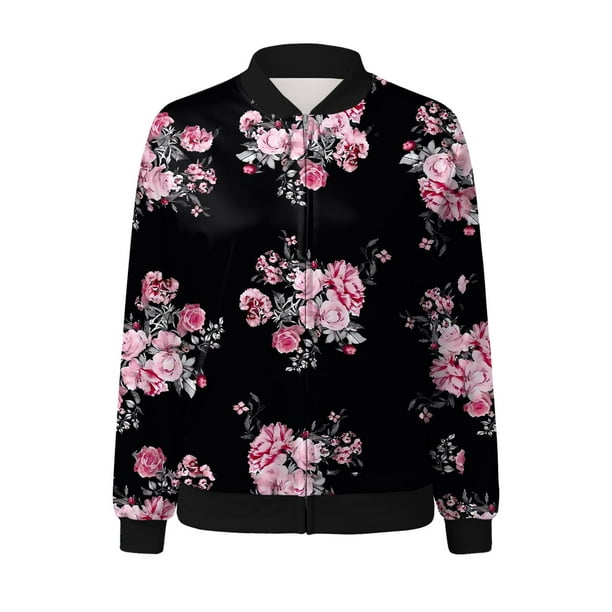 Women's Casual Floral Print Lightweight Zip Up Jacket Stand Collar