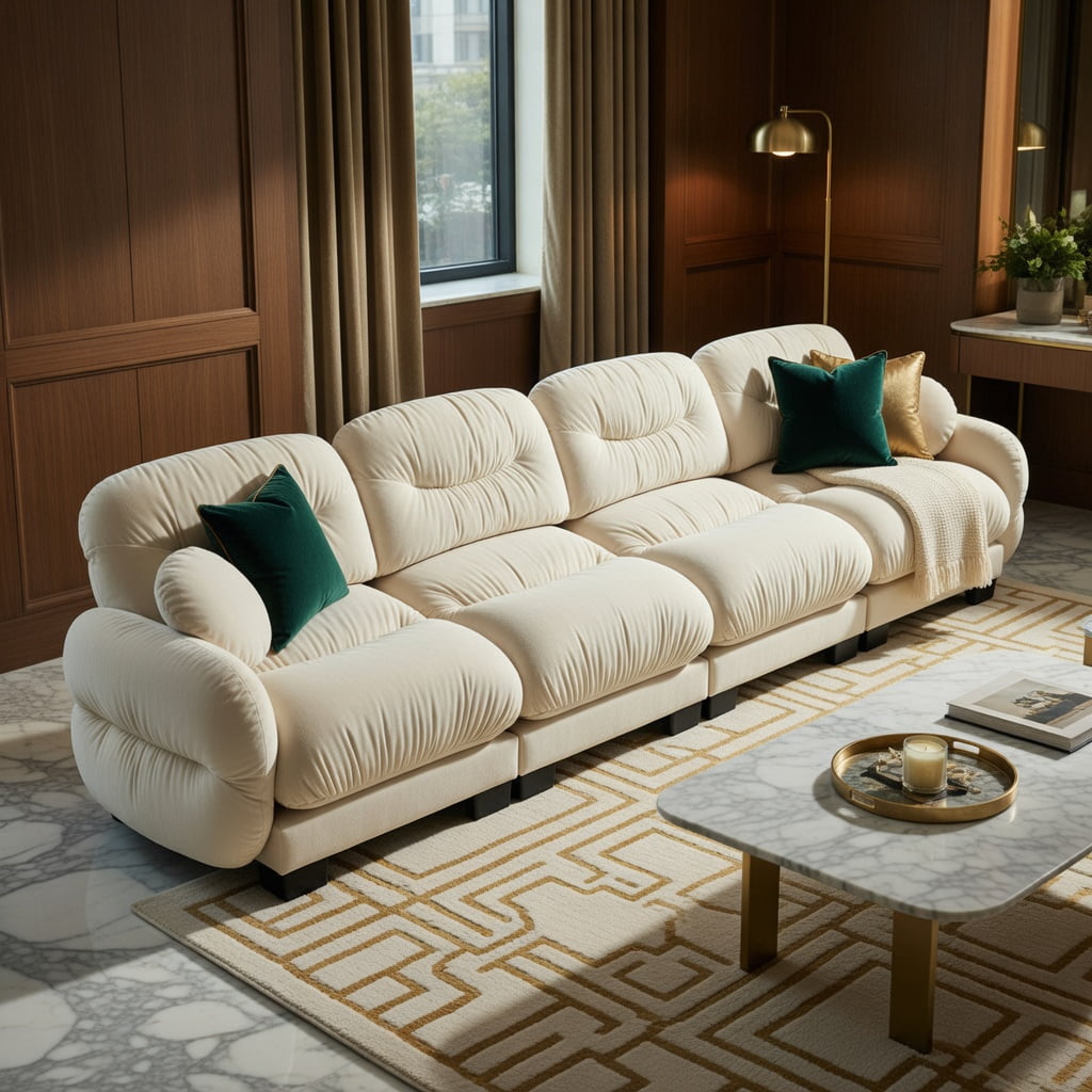 Hommoo Chenille 4-Seat Modular Sofa with Pleated Back, Ergonomic High-Density Foam Cushions & Curved Armrests, Includes 2 Round Throw Pillows, Beige