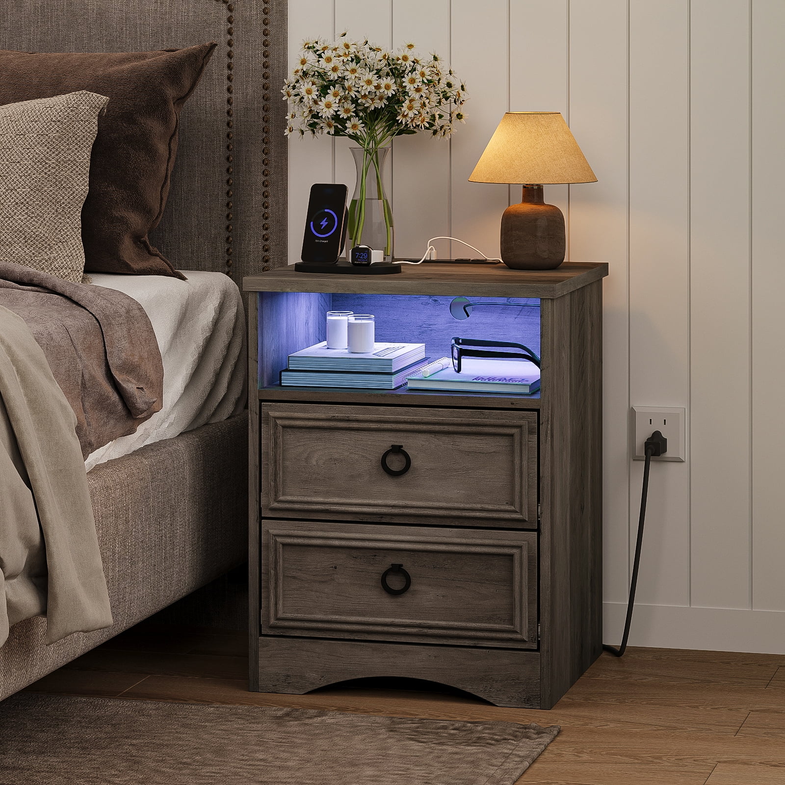 Nightstand Bedside Table with Charging Station Set of 2, 2 Drawer LED Dresser for Bedroom Furniture, Gray