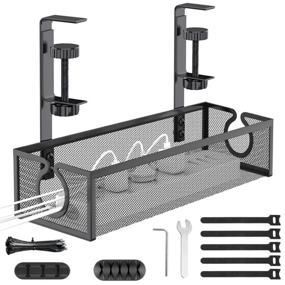 Desk Wire Organizer for Under Desk Cable Management, No Drill Mounted Metal Mesh Clamp Mount, Space Saving with Rubber Pad Protection and Safety Risk Reduction for Home Office