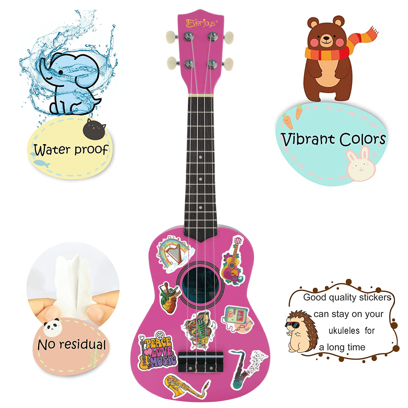 Everjoys 21" Soprano Ukulele Beginner Kit w/ Free Online Lesson, Gig Bag, Strap, Digital Tuner, Spare String, Picks, Polishing Cloth, Rainbow Series