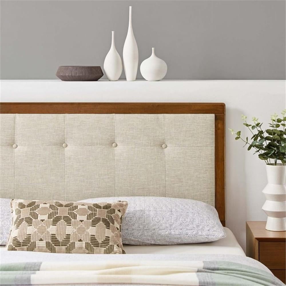Pemberly Row Tufted Full Fabric and Wood Headboard in Walnut/Beige
