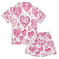 thumbnail image 2 of Silky Satin Kids' Pajama Set Breathable & Smooth Unisex Button-Down Pajamas Pink and Red Hearts Pattern, 2 of 8