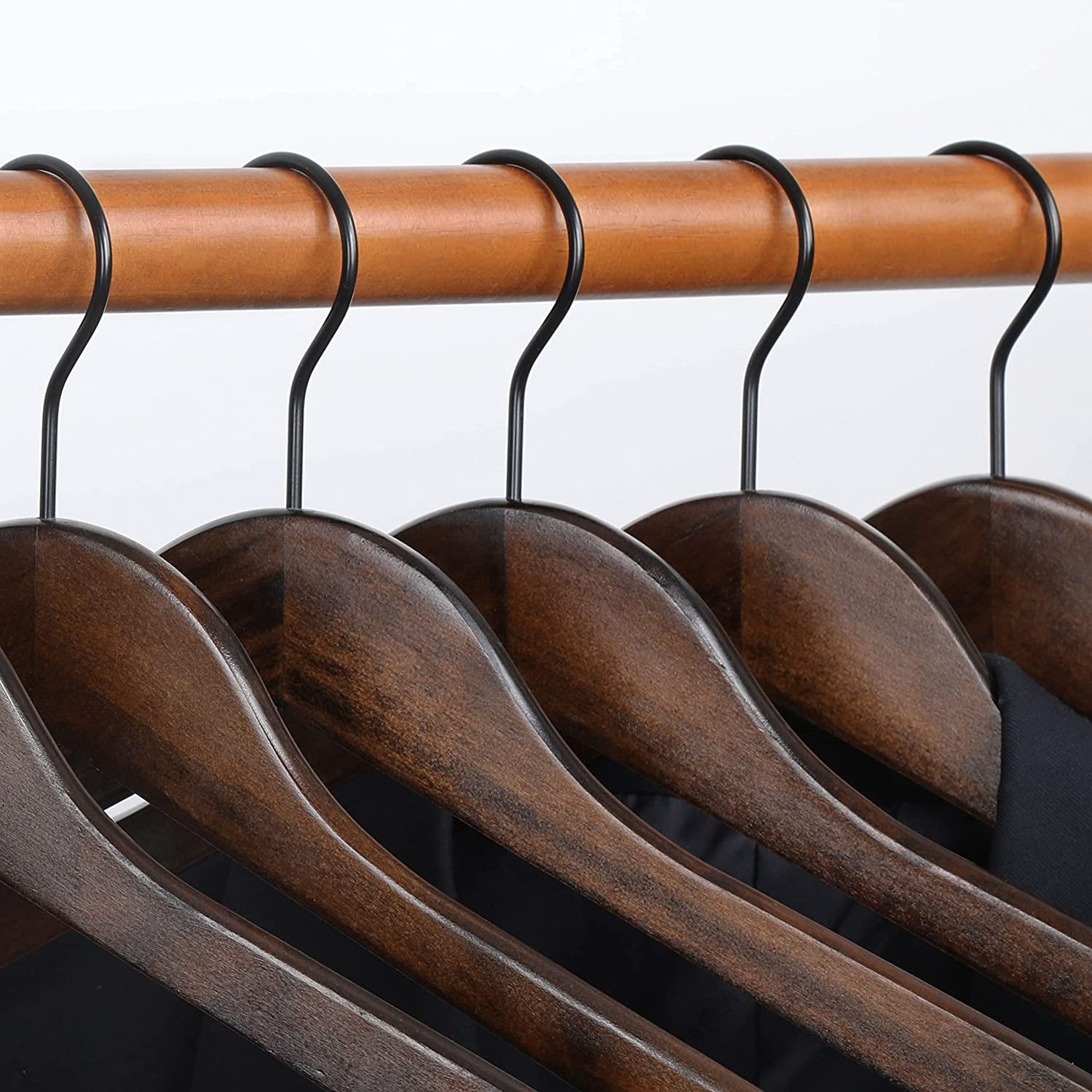 Heavy Duty Wood Coat Hangers in Smooth Retro Finish, Boutique Quality Wooden Suit Hangers with Thicker Non-Slip Rubber Pants Bar and Smoothly Cut Notches-360 °   Black Hook-18 Pack