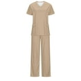 thumbnail image 4 of QATAINLAV Scrubs for Women Set 2024 Fall Medical Uniform Casual V-Neck Scrub Top and Loose Straight Pants 2 Piece Outfits with Pockets Beige L Sales Of The Day, 4 of 6