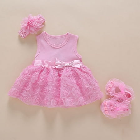 Baby Girls Infant Lace Party Wedding Dress Gown with Headband and Shoes Set Pink short-sleeved rose dress + shoes + hair band 12M: Recommended 9-12