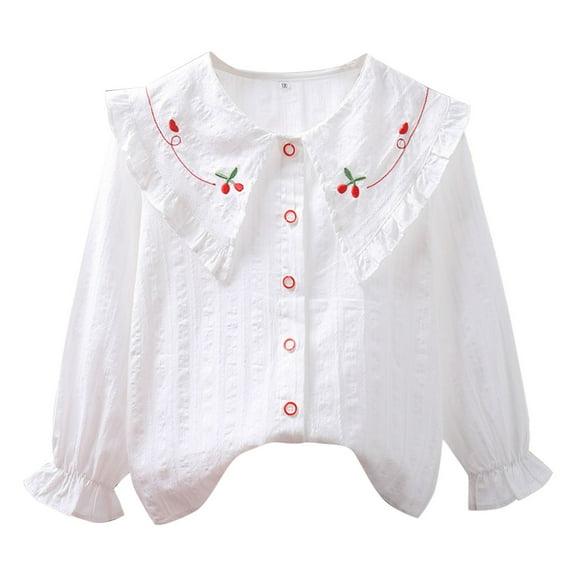 Girls' Cotton Long Sleeve Button Up Shirt 4-15 Years Princess Soft Lightweight Ruffle Cute Blouses (12 Years, White 04)