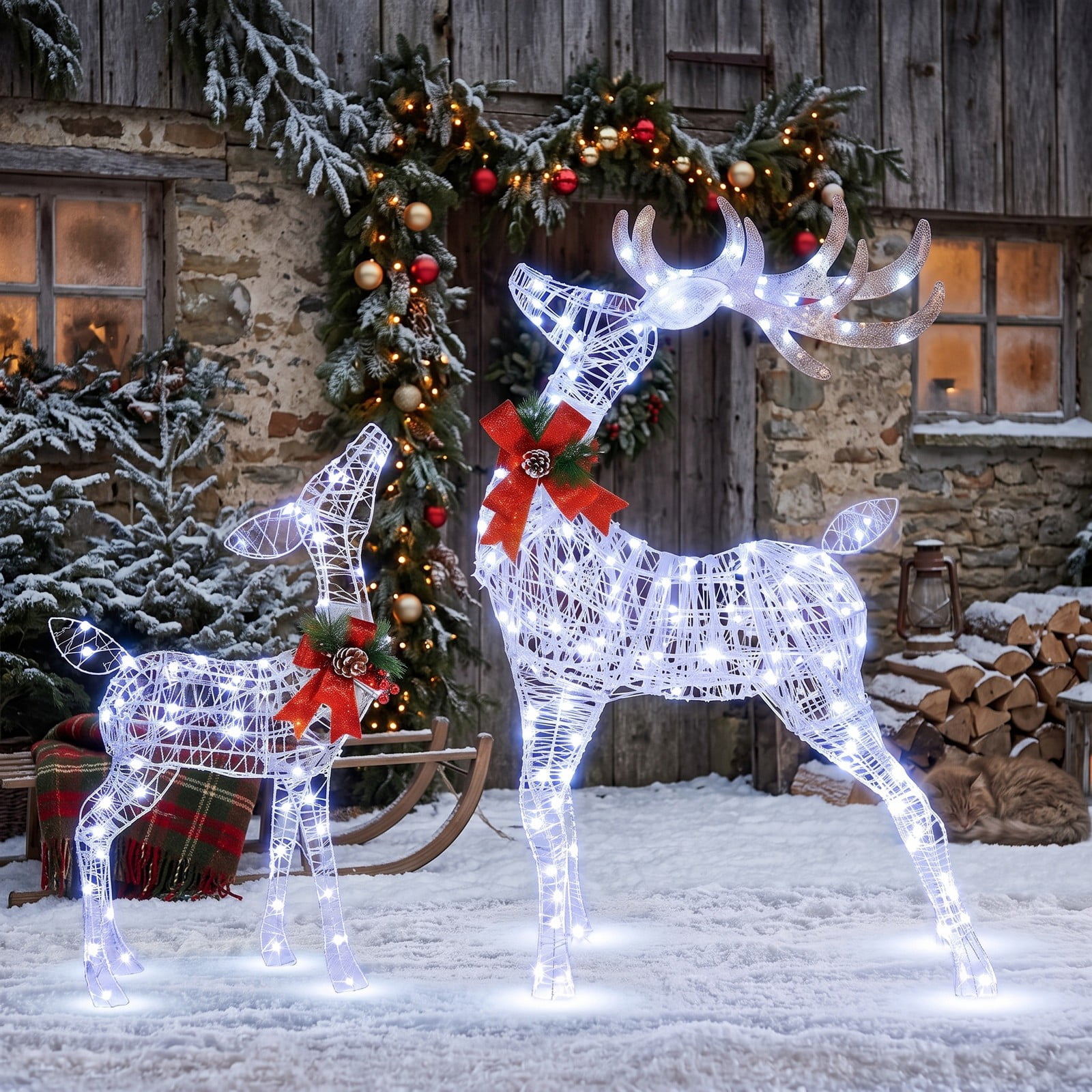 ALPULON Lighted Christmas Reindeer Yard Decoration with Cool White LED Lights, Waterproof Metal Outdoor Holiday Decor with Ground Stakes for Lawn Garden Porch, White