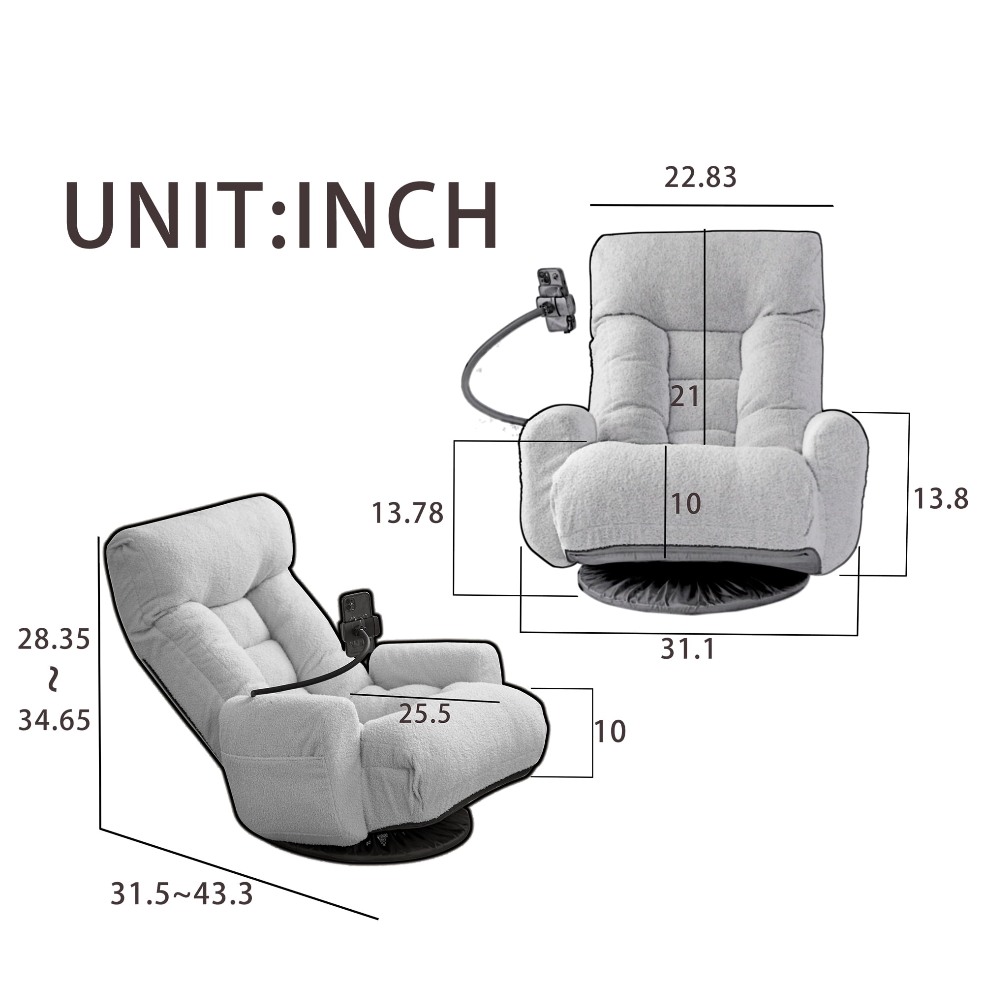 Reclining Chair, Floor Chair, Adjustable Lounge Chair with 5-Position Backrest, Built-in Spring Seat and 360-Degree Swivel Base, Foldable Design, Yellow