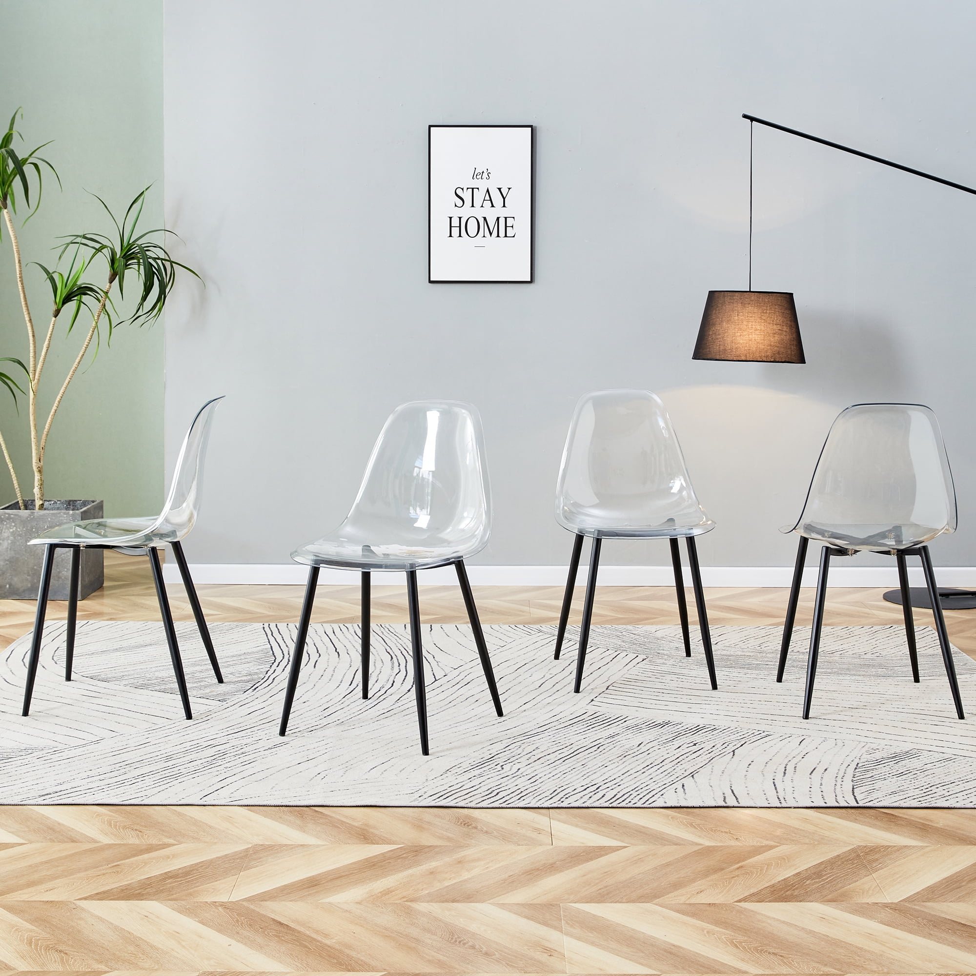 NYEESS Set of 4 Clear Transparent Dining Chairs Armless with Black Metal Legs Modern Acrylic Side Chairs for Kitchen Dining Room