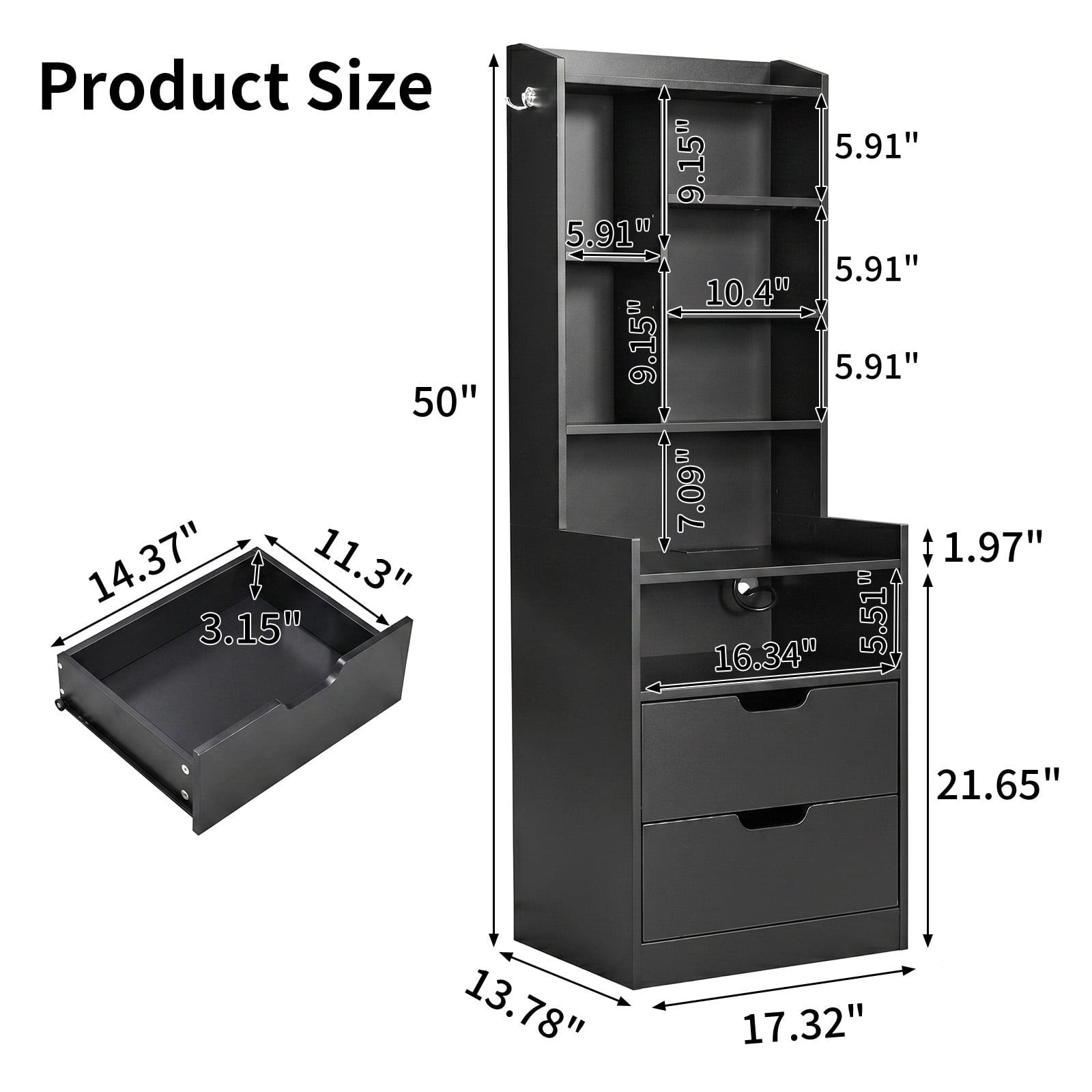 2-Drawer Nightstand with 6-Shelf Storage and Charging Station, Black