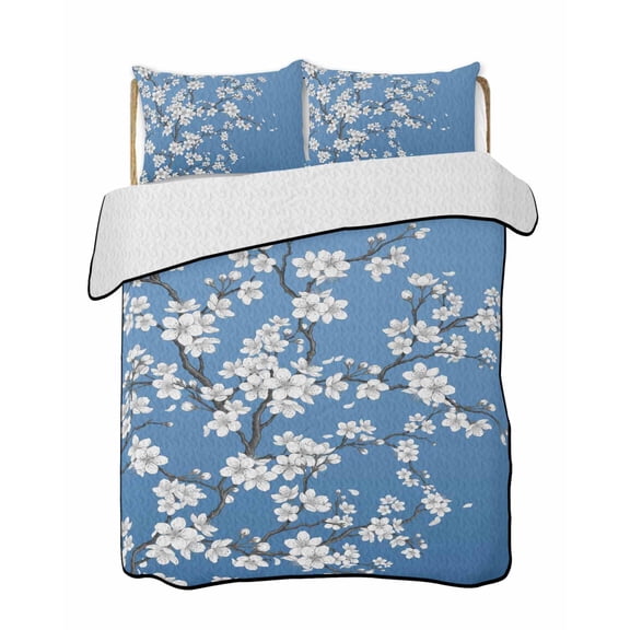 Quilts Full Size Bedding Set, Spring Floral Lightweight Quilted Comforter, White Cherry Blossom Fowers Sky Blue Soft Reversible Bedspread Coverlet with Pillow Covers for All Season, 78" x 90"