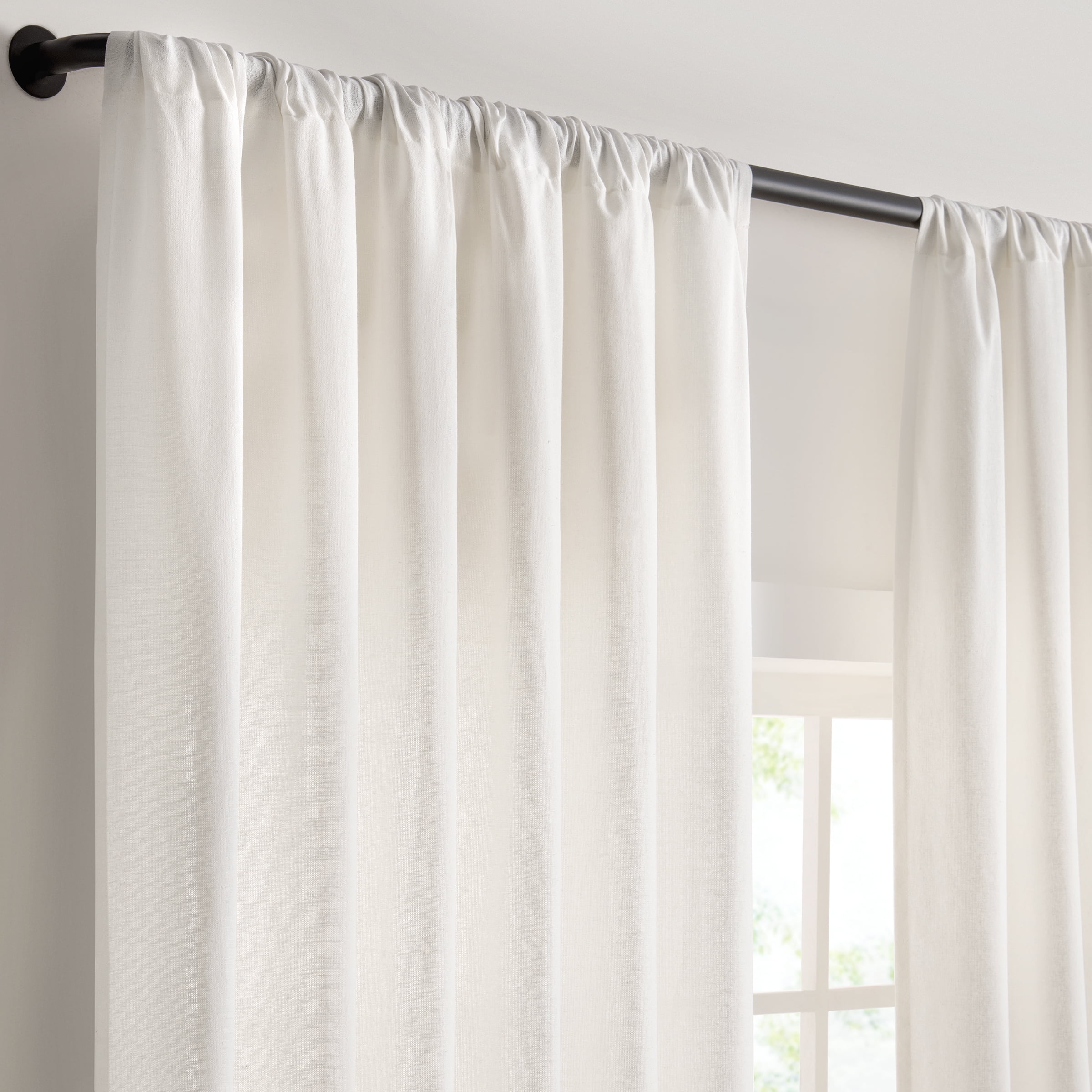 Drop Cloth Macrame Solid Cotton Light Filtering Ring Top Curtain Panel with Fringe Valance, Off-White, 50 x 108