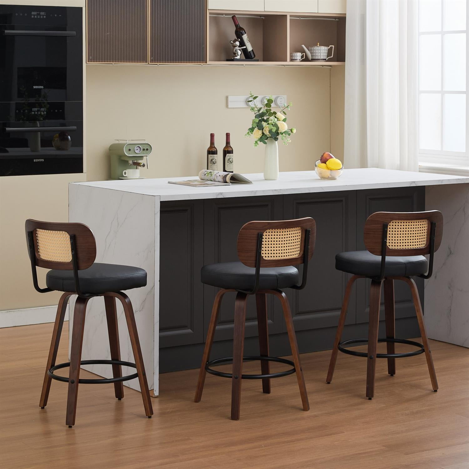 Demi Bonn 35" Swivel Bar Stools Set of 3 with Upholstered Faux Leather, Rattan Back & Bentwood Legs, Counter Height Stools for Kitchen or Bar Seating, Black