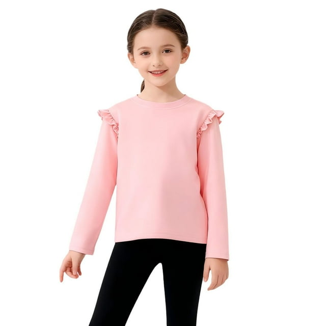 vdgthytj T-Shirts à Manches Longues pour Filles Mignons à Volants Col Rond Décontracté Couleur Unie Enfants Printemps Automne Hauts Blouses
