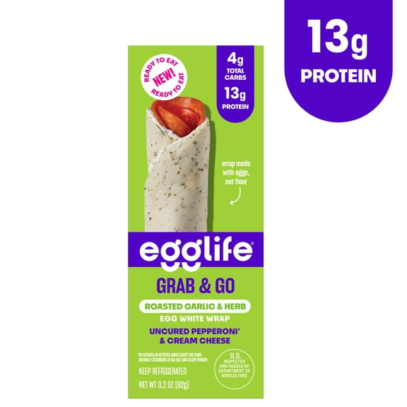 Egglife Grab & Go Roasted Garlic & Herb Wrap with Uncured Pepperoni & Cream Cheese, 3.2 Ounces, 1 Count