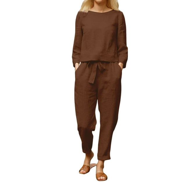ManxiVoo Women's Long Sleeve Two Piece Set Comfortable Linen Blend Lounge Wear For Everyday L Size Coffee