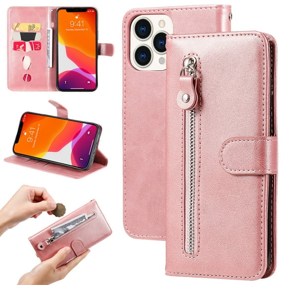 for iPhone 14 Pro Wallet Flip Case, 3 Credit Cards Slot Holder Case with Zipper Pocket, PU Leather Wallet Kickstand Soft TPU Inner Case Cover for iPhone 14 Pro 6.1 inch, Rosegold
