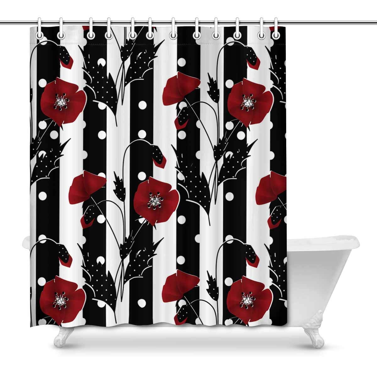 Mkhert Red Poppies On Black White, Black White Shower Curtain Fabric