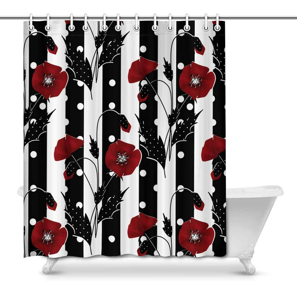 MKHERT Red Poppies on Black White Stripes House Decor Shower Curtain