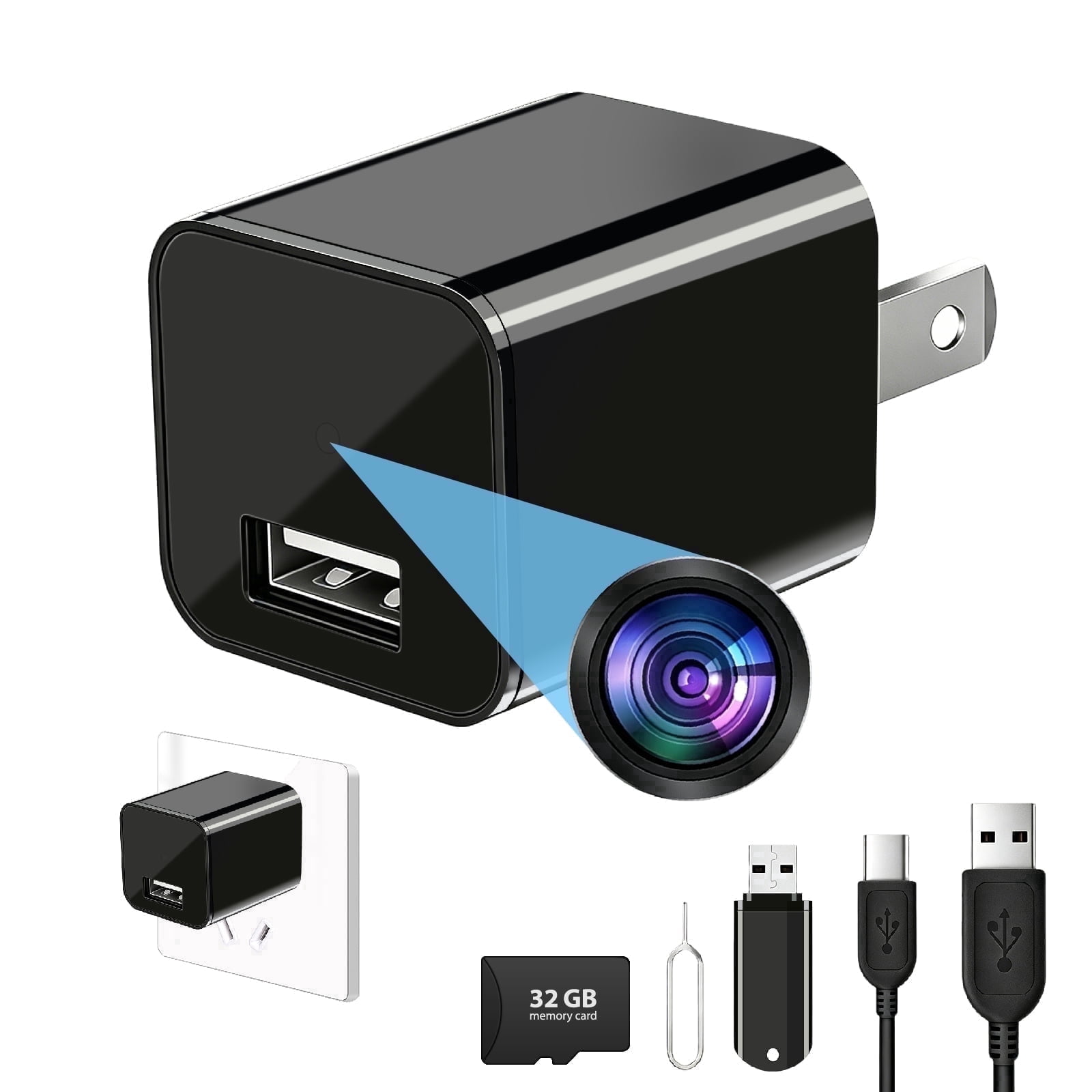 Mini USB Charger Camera Full HD 1080P Video, No Wifi, Small Outlet Security Cam for Home & Office Monitoring, Wall Plug-in Camera with 32GB Micro SD Card
