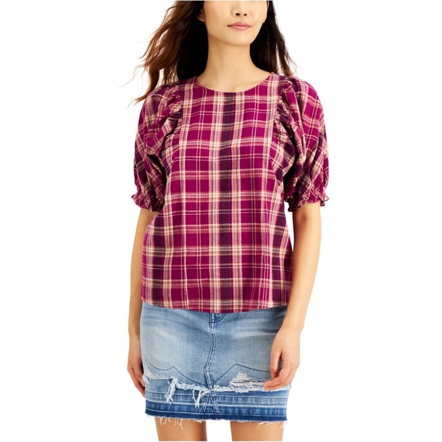 I-N-C Womens Plaid Pullover Blouse purple L