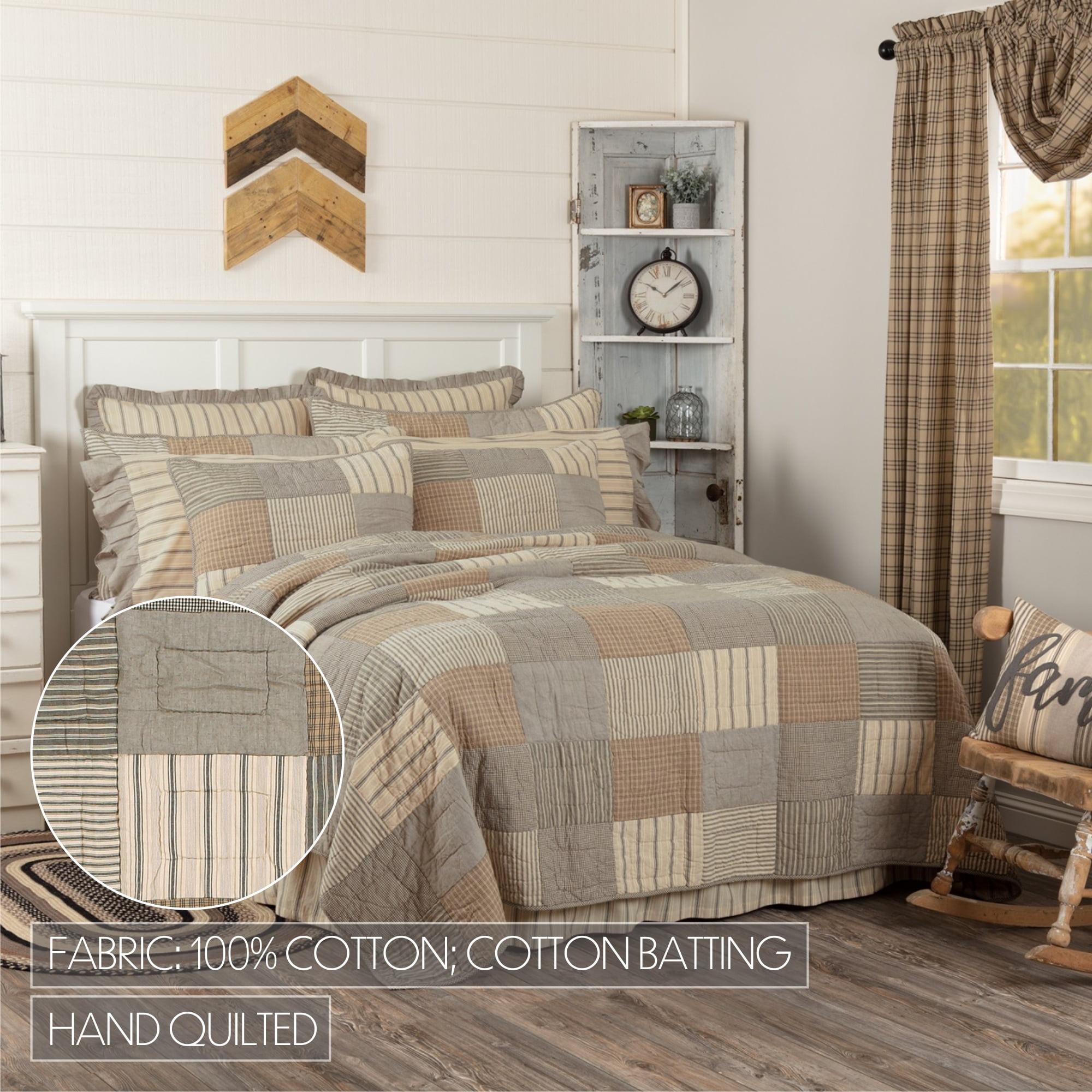Charcoal Grey Farmhouse Bedding Miller Farm Charcoal Cotton Pre-Washed Patchwork Chambray Luxury King Quilt