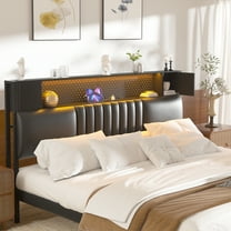 Homieasy Upholstered Headboard for Queen Size Bed Frame with Storage Shelf and Cabinet, Headboards with Outlets and RGB LED Light, Comfortable Head Board, Sturdy and Stable, Easy Assembly, Black