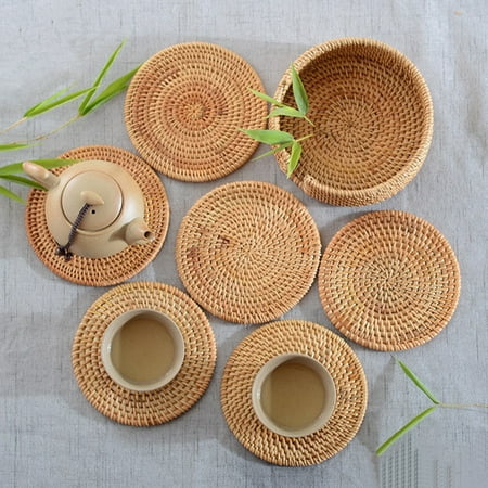 

huanledash Heat Insulation Handmade Rattan Plate Coaster Placemat Mat Kitchen Cup Accessory