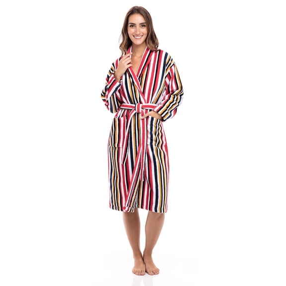 Women's Luxury Terry Cotton Bathrobe Spa Robe Bath Robes Shawl Collar Stripe Red S
