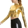 thumbnail image 3 of inlzdz Women's Metallic Liquid Mock Neck Turtleneck Long Sleeve/Sleeveless Crop Top Clubwear Gold L, 3 of 5
