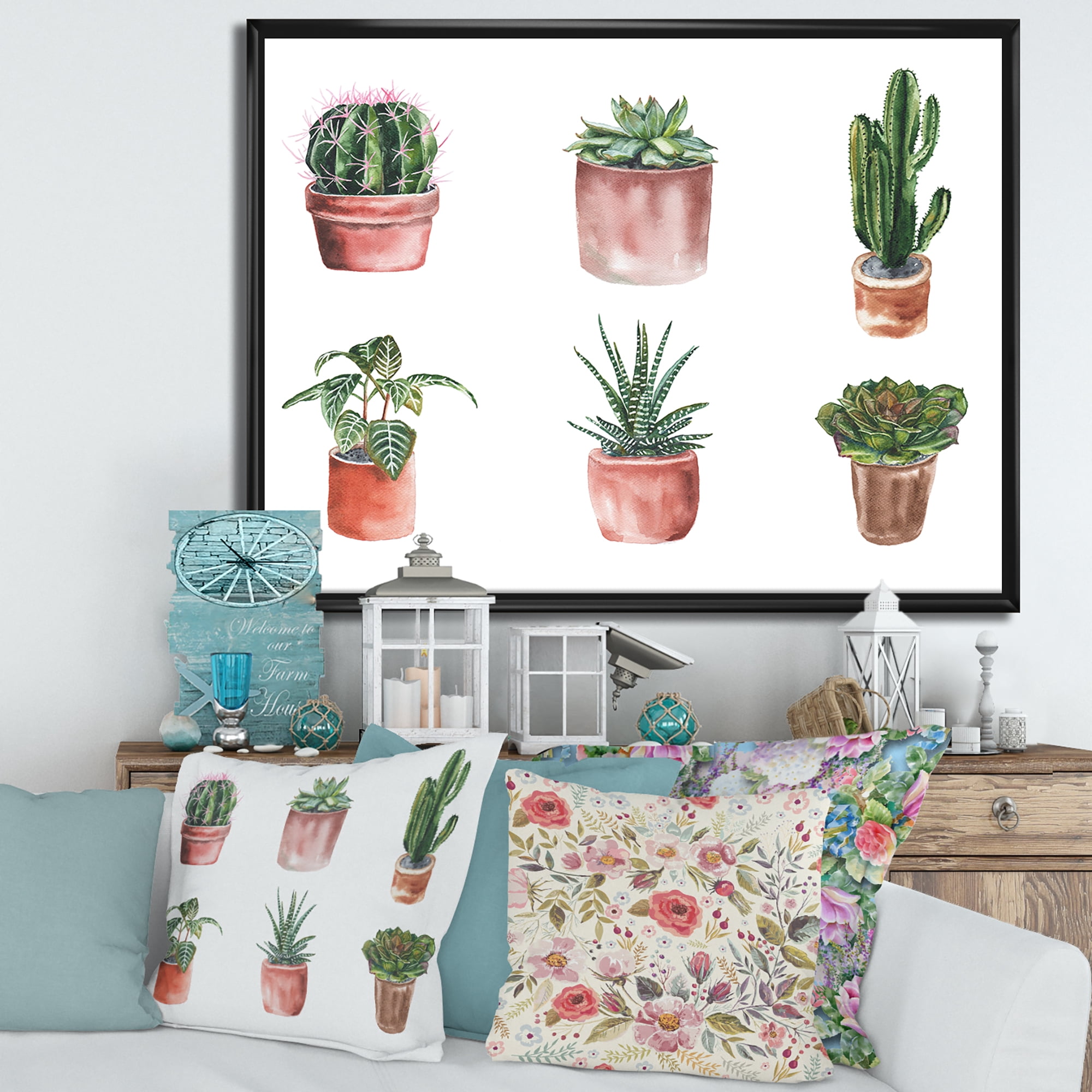 Designart 'Cactus and Succulents In A Clay Pot ' Traditional Framed Canvas Wall Art Print