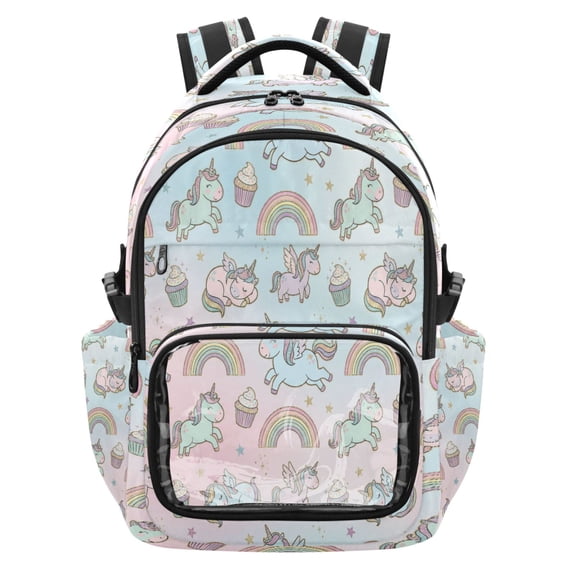 Qxltty Sweet Unicorn Backpack School Bookbag with Clear PVC Front Pocket, Laptop Compartment, Water Resistant Travel Daypack for Students