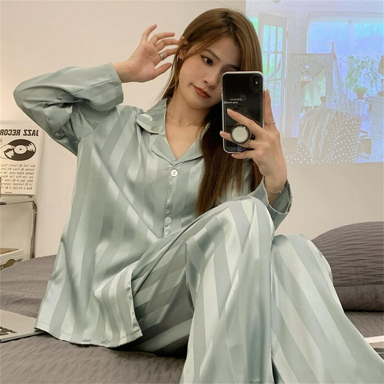 Women s Summer Striped Pajama Set Long Sleeve Top Trousers Silk Satin Home Suit Spring Loose Casual Sleepwear Female Nightwear