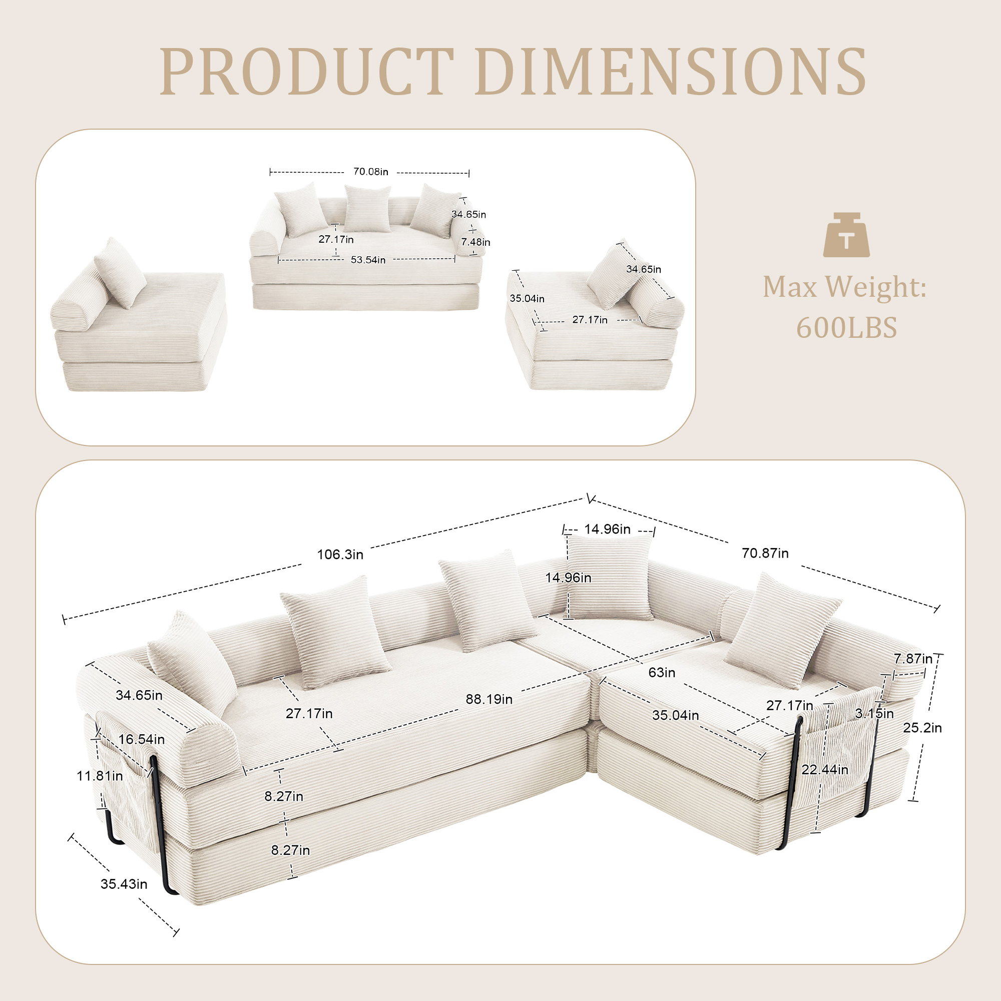 MOONMISS Corduroy Upholstered Convertible Folding Sofa Bed with Fixed Frame and Pillow Back Handrail-Beige
