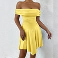 thumbnail image 2 of Women'S Off the Shoulder Mini Dress Ruffle Hem Ruched Corset Short Cocktail Party Dresses Light Yellow M, 2 of 8