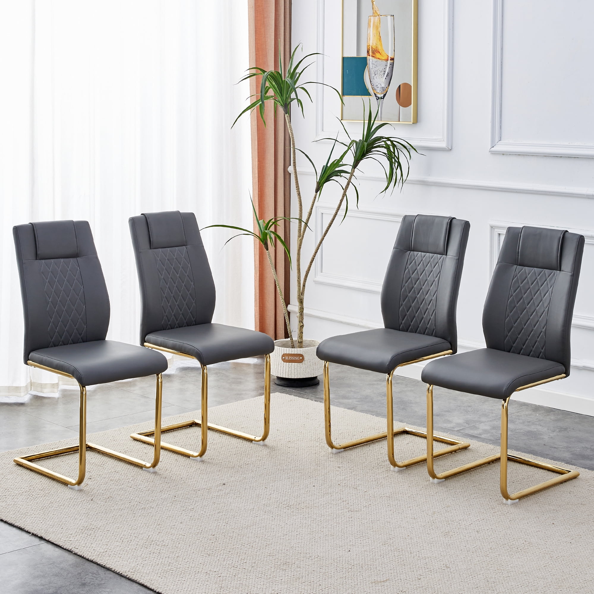 NYEESS Set of 4 Dark Gray Armless Dining Chairs with Waterproof Faux Leather Upholstered Seat Gold Electroplated Metal Frame for Kitchen Dining Room