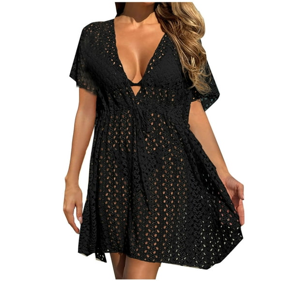 Hinvhai Swimsuit Coverup for Women Clearance Beach Crochet Swim Cover Up Bathing Suit Cover ups for Women Black Free Size(Free Size)