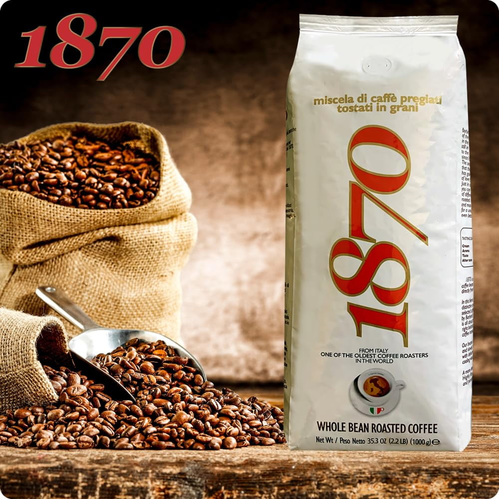 1870 by Caffè Barbera: Hesperia Premium Whole Bean Roasted Coffee, 4 Bean Blend from Indonesia and Brazil, Roasted in Italy by a Single Family over 150 years & 6 Generations (since 1870), 2.2lb / 1kg