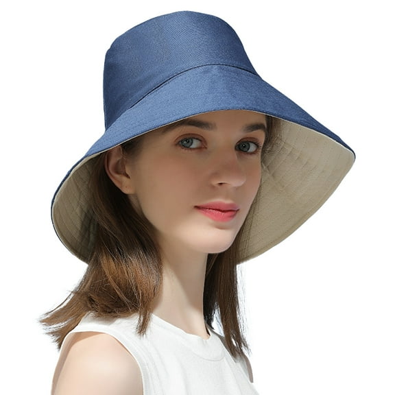 Fisherman hat female summer sunscreen cover face anti-ultraviolet large brim sun hat double-sided hat - Navy blue and beige