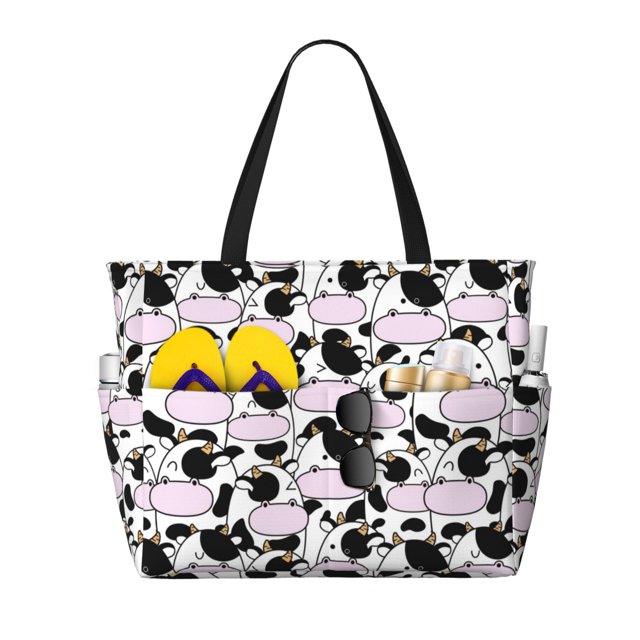 Fotbe Cute Animal with Cow Bolsa de Viaje para Playa - Resistente al Agua, Bolsa Tote de Gran Capacidad y Ligera con 7 Bolsillos para Mujeres y Hombres
