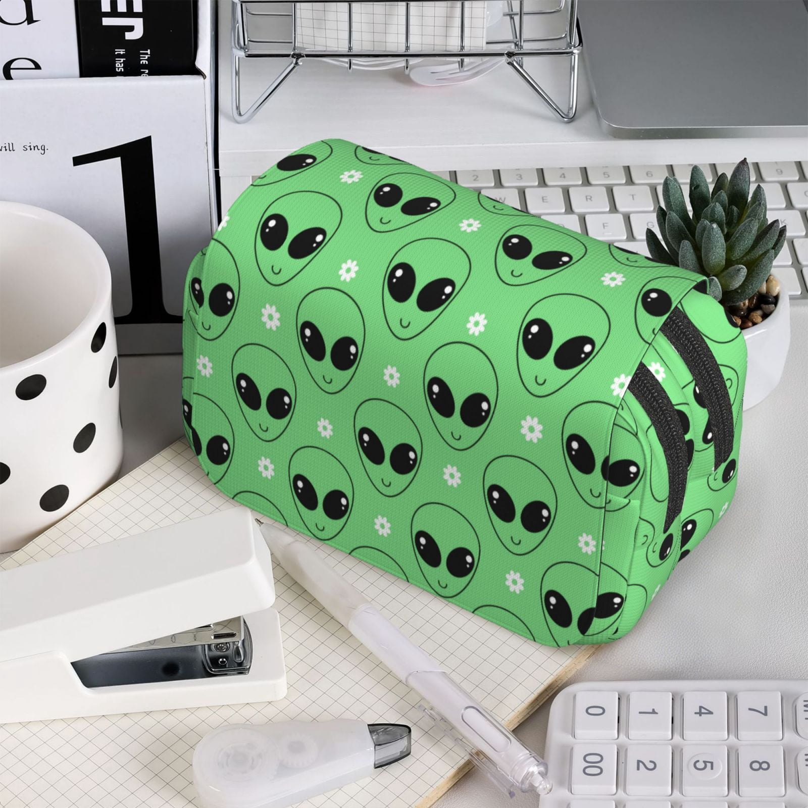 Rateoe alien cartoons Pattern Double Clamshell Pen Case, Storage Organizer with Two Zipper Compartments– Holds Up to 50 Pencils & Pens
