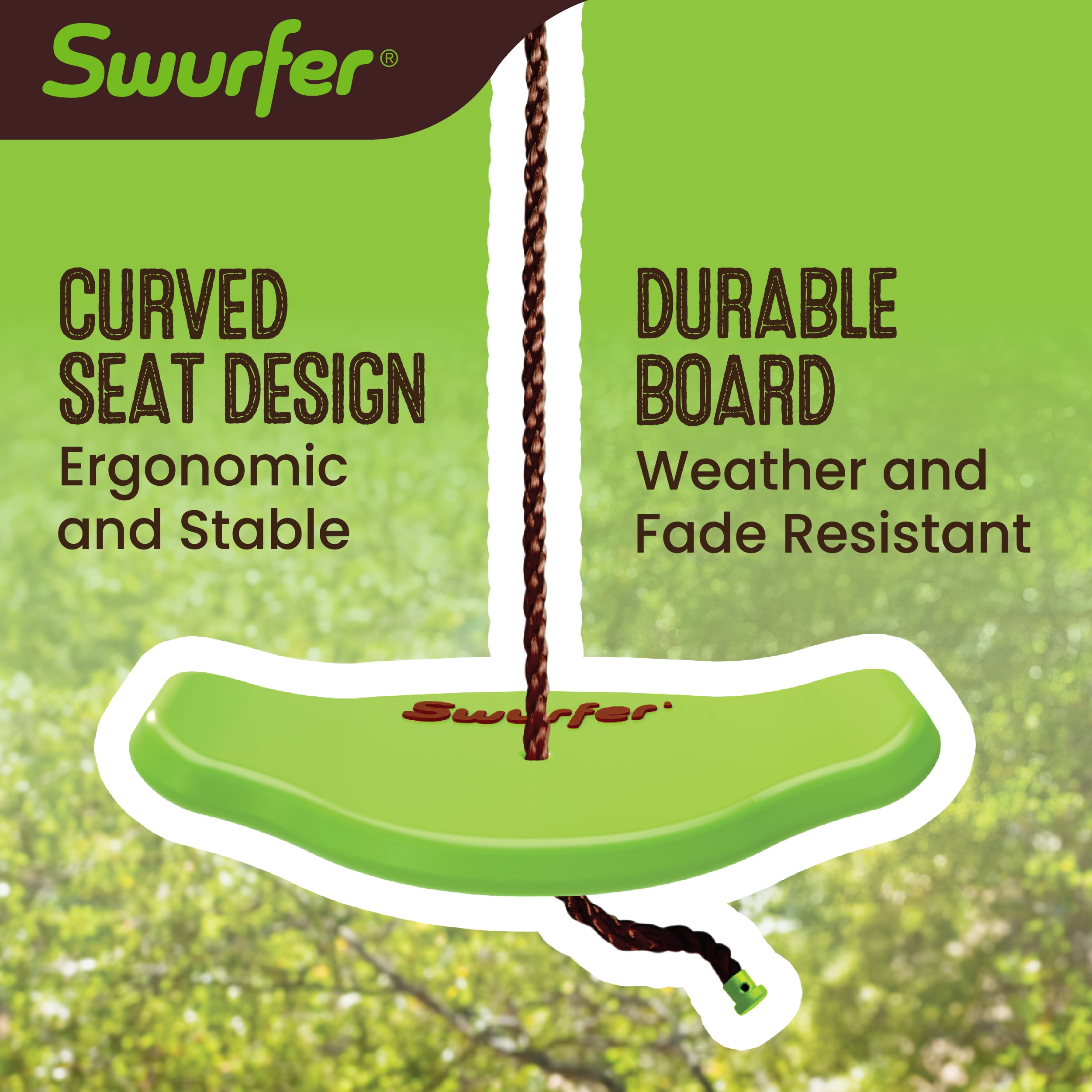 Swurfer Tree Swing Sets for Backyard - Outdoor Swing Seat for Kids, Swingset Outdoor Playset, Easy Installation, Durable, Heavy Duty Braided Rope, Weatherproof, Up to 150 lbs, Ages 4+, Green/Brown