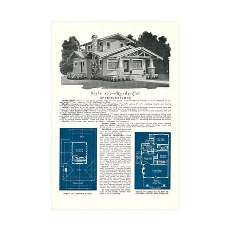 Rendering and Floor Plan of Craftsman House Print Wall